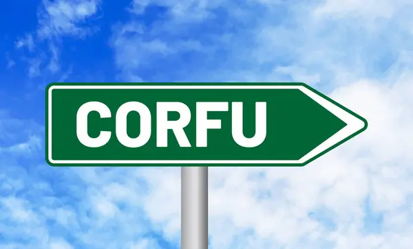 stock image Corfu road sign on blue sky background