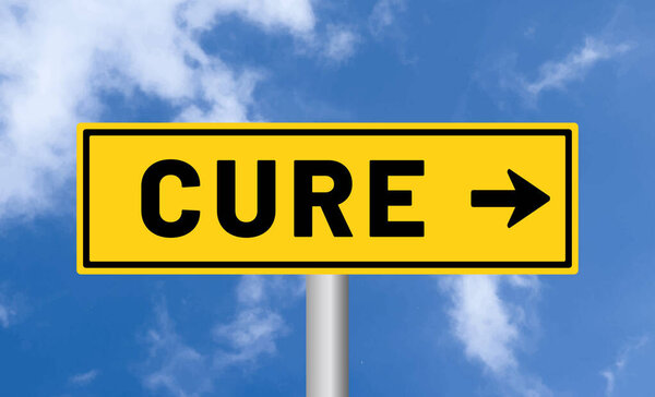 Cure road sign on cloudy sky background