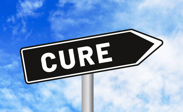 Cure road sign on cloudy sky background