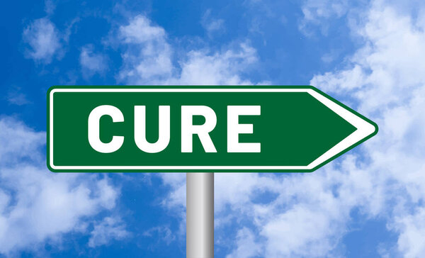 Cure road sign on cloudy sky background
