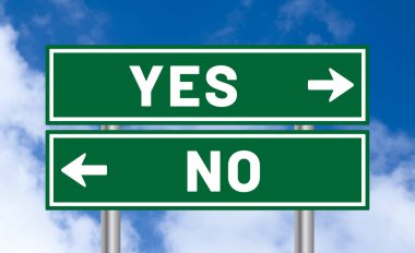 Yes or no road sign on cloudy sky background clipart