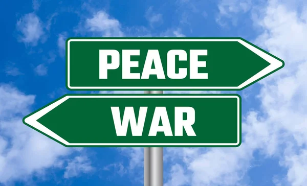 Peace War Road Sign Cloudy Sky Background — Stock Photo, Image