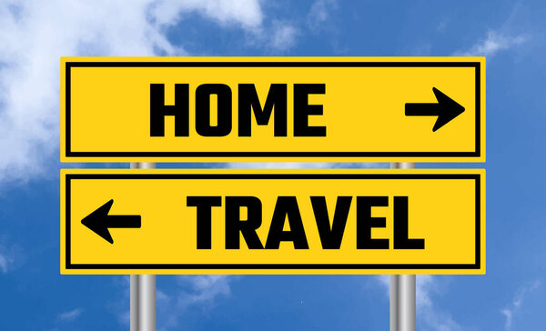 Home or travel road sign on sky background