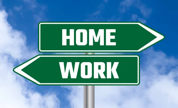 Home Work Road Sign Blue Sky Background — Stock Photo, Image
