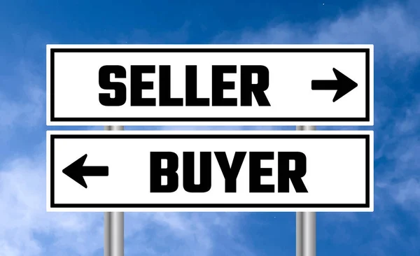 stock image Seller or buyer road sign on sky background