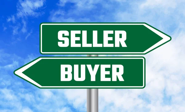 stock image Seller or buyer road sign on sky background