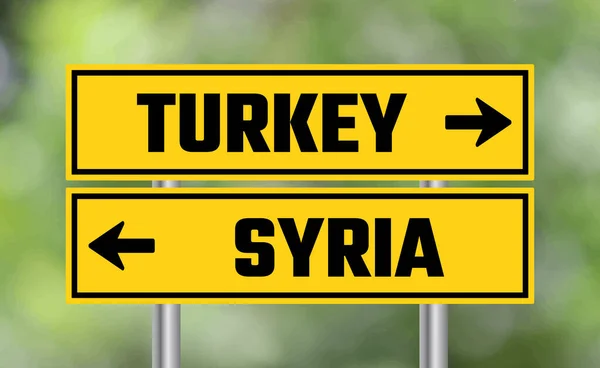 Törökország Vagy Szíria Útjelző Táblája Homályos Háttérrel — Stock Fotó
