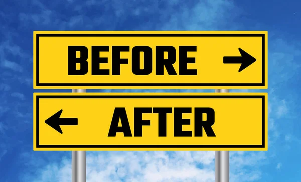 Stock image Before and after road sign on blue sky background