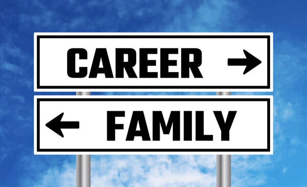 Career or family road sign on cloudy sky background