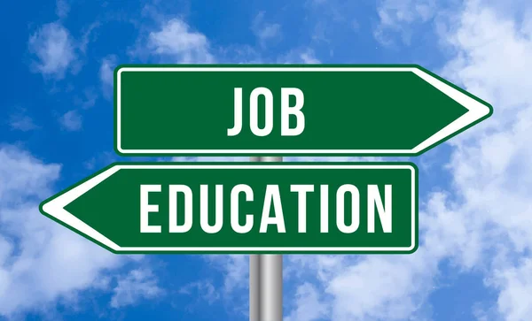 Job Education Road Sign Blue Sky Background — Stock Photo, Image