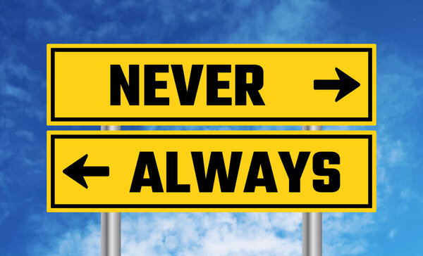 Never or always road sign on cloudy sky background
