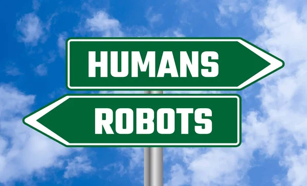 Humains Robots Panneau Signalisation Sur Fond Ciel Bleu — Photo