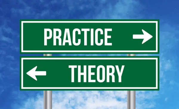 Practice Theory Road Sign Blue Sky Background — Stock Photo, Image