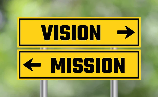 Vision Oder Mission Verkehrsschild Auf Verschwommenem Hintergrund — Stockfoto