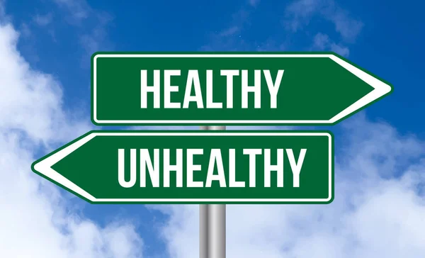Healthy Unhealthy Road Sign Blue Sky Background — Stock Photo, Image