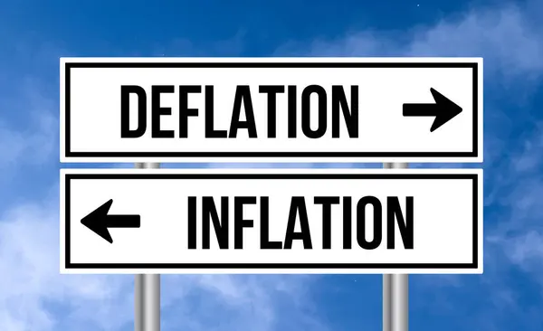 stock image Deflation or inflation road sign on blue sky background