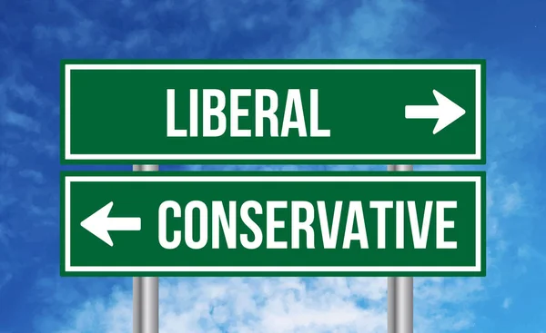 Liberal Conservative Road Sign Blue Sky Background — Stock Photo, Image