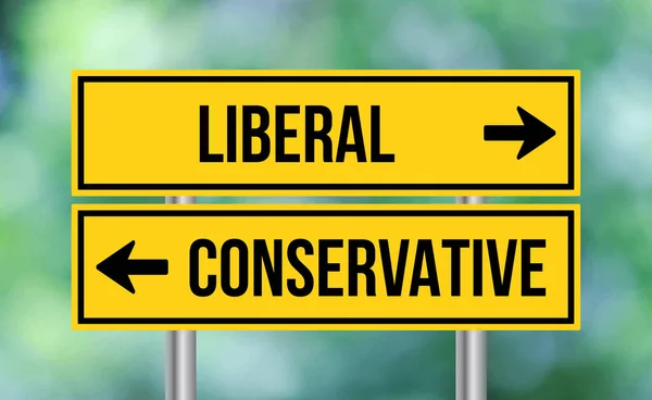 Liberal Conservative Road Sign Blur Background — Stock Photo, Image