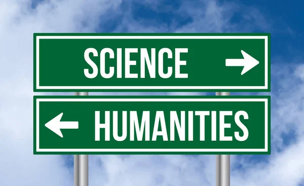 Señal Carretera Ciencia Humanidades Sobre Fondo Nublado Del Cielo — Foto de Stock