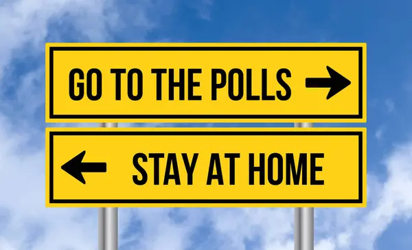 Polls Stay Home Road Sign Cloudy Sky Background — Stock Photo, Image