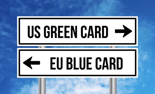 Nós Green Card Blue Card Road Sign Blue Sky Background — Fotografia de Stock