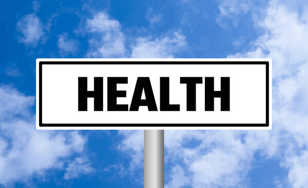 Health road sign on sky background