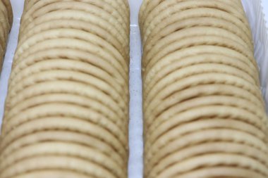 Bu yakın çekim beyaz plastik bir kabın içinde düzgünce istiflenmiş kahverengi kurabiyelerin dokusunu ve rengini vurguluyor. Parlak, doğal ışıkla çekilen.