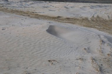 Yakın çekim kum tepeciklerinin oluşumunu yakalar, dalgalı doku ve araç izlerini kuru kumlu bir sahil manzarasında gösterir..