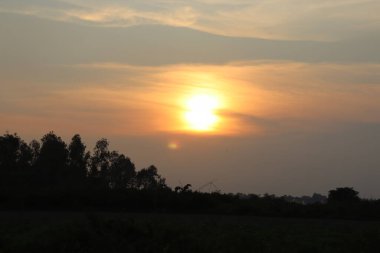 Bulutların altında solan parlak bir güneşin yer aldığı sahne alacakaranlık resmi; ön planda kırsal bir ortamda ağaçlardan ve bitki örtüsünden oluşan bir siluet yer alıyor.
