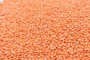 Derinlik ve doku sergilemek için titizlikle düzenlenmiş, kırmızımsı turuncu mercimeklerden oluşan kusursuz bir tarla sunar. Tam kare çekim mercimeklerin doğal renkleri ve biçimleri vurguluyor..