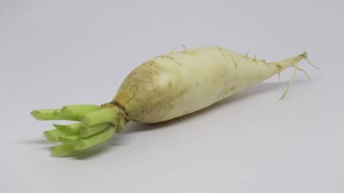 Tek bir Daikon turpu yatay olarak konumlandırılmış. Beyaz kök bölümü ince lahanalı ve koyu beyaz arka planda bir demet yeşil kesim saplı..