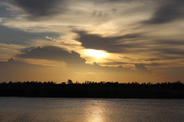 Huzurlu görüntü, ışık saçan bulutlarla altın bir günbatımını yakalar. Karanlık ağaçlar yansıtıcı suyun üzerindeki ufku siluetliyor ve huzurlu bir doğal manzara yaratıyor..