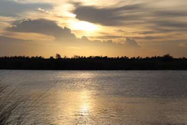 Çarpıcı manzaralı bir fotoğraf, yansıtıcı bir su kütlesini, canlı bir günbatımının altında, karanlık bir ağaç çizgisi siluetiyle gösteriyor. Fotoğraf doğanın güzelliğini yansıtıyor..