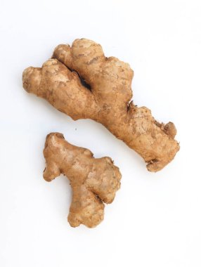 Koyu beyaz arka planda iki taze zencefil kökü sergileniyor. Sahne, rizomların ham dokusunu ve toprak rengini ayrıntılı olarak yakalar..