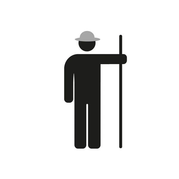 Figur Stickman Dengan Topi Dan Tongkat Tangannya Hitam Pada Latar - Stok Vektor
