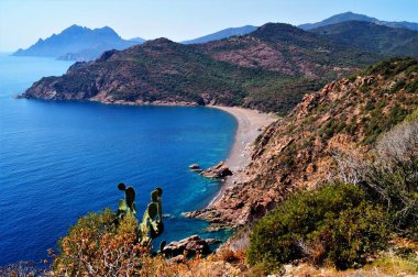 Bussaglia plajının üst görüntüsü, Korsika 'nın batı sahilinin en iyilerinden biri. Porto Körfezi 'nin güzel bir manzarası