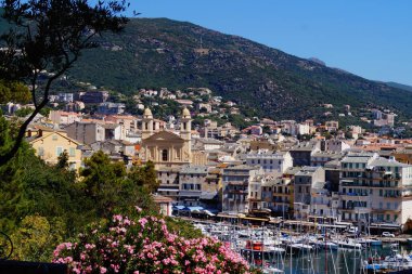 Picturesque view of the city of Bastia, France, with yachts and pink oleander in the foreground