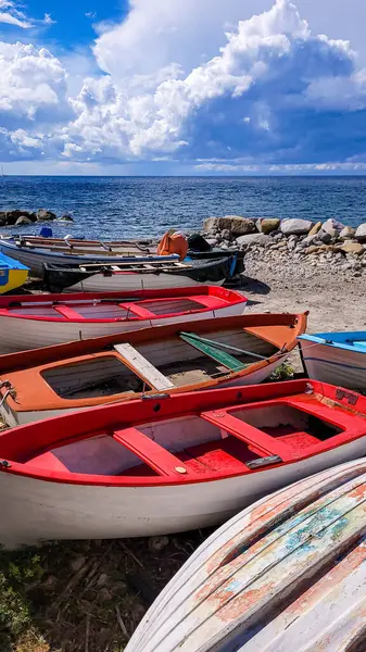 Pomonte, Elba, Toskana, İtalya 'daki Akdeniz sahillerinde geleneksel İtalyan balıkçı tekneleri..