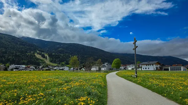 Avusturya 'nın tipik dağlık Goetzens kasabasının panoramik manzarası. Ön planda dar asfalt bir yol, sarı karahindiba ve ahşap bir haç olan bir tarla. Arkasında da dağlar ve gök, dağlarla çevrili..
