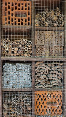 Böcekleri korumak için çeşitli kutuları ve doğal dolguları olan böcek oteli. Dikey biçim