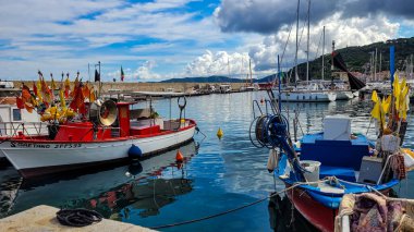 Deniz limanında canlı bayraklarla süslenmiş çok renkli balıkçı tekneleri. Renkli Elba. 24 Eylül 2024. Marciana Marina, Elba, Toskana, İtalya.