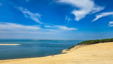 Fransa 'daki Arcachon Körfezi ve Kaptan Ferret' in Avrupa 'nın en yüksek kum tepesinden manzarası. Mavi gökyüzünün arkaplanına karşı açık beyaz bulutlar.