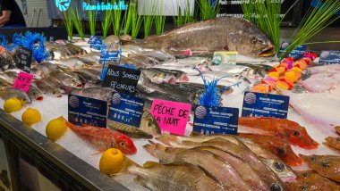 Tezgahtaki buzun üzerindeki taze balıklar, tipik Fransız pazarının. Haziran 01, 2025. Soulac sur Mer, Medoc, Aquitaine, Fransa.