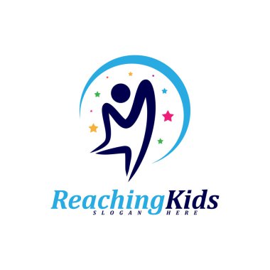 Yıldızlara ulaşan çocuk logo tasarım taşıyıcısı. Erişilen Yıldızların Logo Tasarım Şablonu. Rüya Yıldızı logosu. Yaratıcı Sembol. Simge