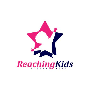 Yıldızlara ulaşan çocuk logo tasarım taşıyıcısı. Erişilen Yıldızların Logo Tasarım Şablonu. Rüya Yıldızı logosu. Yaratıcı Sembol. Simge