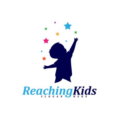 Yıldızlara ulaşan çocuk logo tasarım taşıyıcısı. Erişilen Yıldızların Logo Tasarım Şablonu. Rüya Yıldızı logosu. Yaratıcı Sembol. Simge