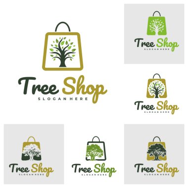 Shop Tree logo tasarım vektörü seti. Ağaç Dükkanı Logosu Tasarım Şablonu. Yaratıcı Sembol. Simge