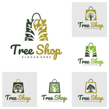 Shop Tree logo tasarım vektörü seti. Ağaç Dükkanı Logosu Tasarım Şablonu. Yaratıcı Sembol. Simge