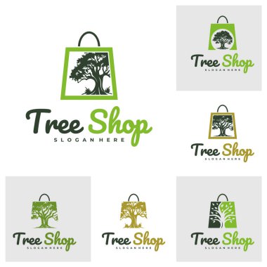 Shop Tree logo tasarım vektörü seti. Ağaç Dükkanı Logosu Tasarım Şablonu. Yaratıcı Sembol. Simge