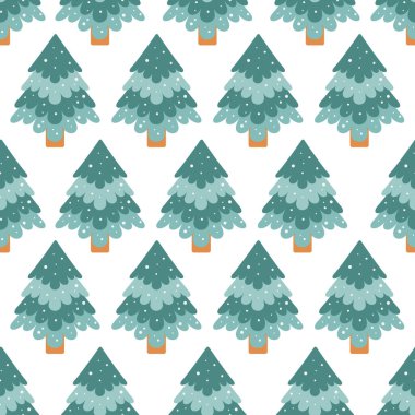 Beyaz arka planda Noel ağacı olan kusursuz bir desen. Kış tatili dokusu. Çizgi film yassı Noel ağacı. Vektör illüstrasyonu.